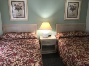 Two beds with a bedside table in between