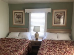 Two beds with a lamp and bedside table
