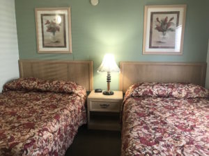 A lamp and bedside table between two beds