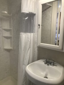 A shower curtain next a bathroom mirror